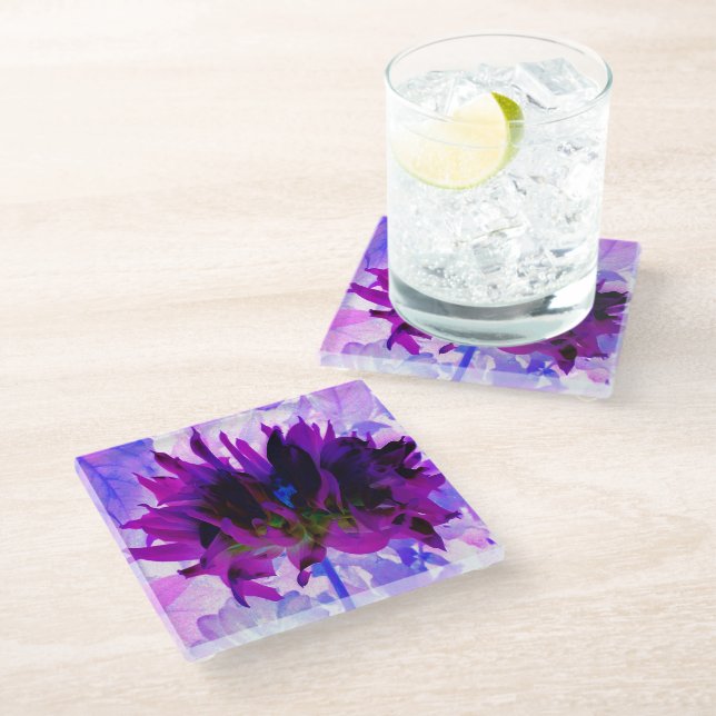 Atemberaubende Lila und schwarze Kaktus Dahlia Glasuntersetzer (Schrägansicht)