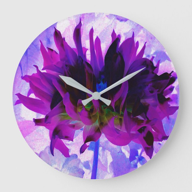 Atemberaubende Lila und schwarze Kaktus Dahlia Große Wanduhr (Vorderseite)