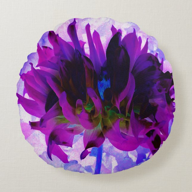 Atemberaubende Lila und schwarze Kaktus Dahlia Rundes Kissen (Vorderseite)