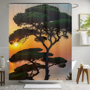 Atemberaubende Natur Pine Tree Sonnenuntergang Grü Duschvorhang