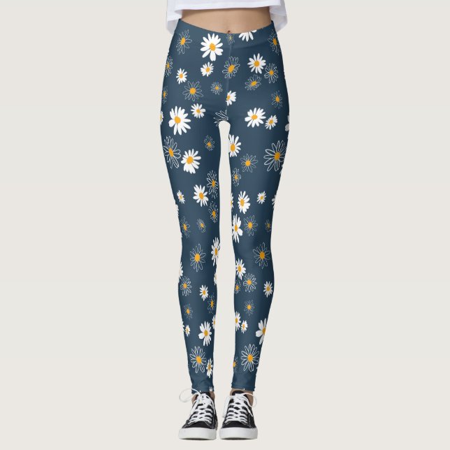 Atemberaubende Navy Yellow Classic Daisy Blume Leggings (Vorderseite)