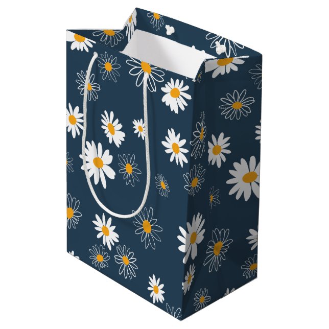 Atemberaubende Navy Yellow Classic Daisy Blume Mittlere Geschenktüte (Rückseite Schrägansicht)