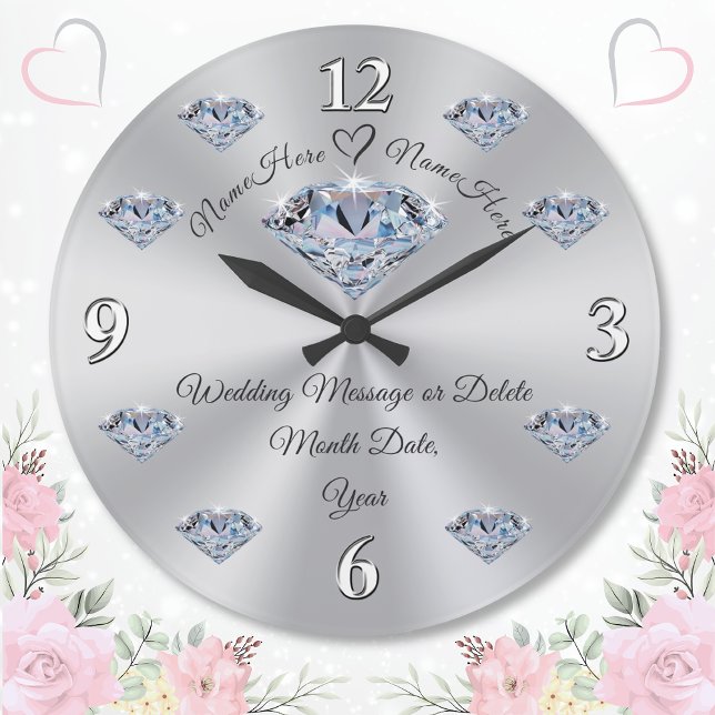 Atemberaubende Personalisierte Hochzeitspräsentati Große Wanduhr (Personalized Wedding Clocks. Diamond wedding anniversary gifts or wedding wall clocks. Diamond theme)