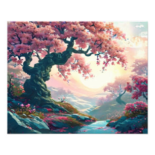 Atemberaubende Rosa Blossom Tree Malerei Fotodruck