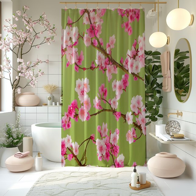 Atemberaubende rosa Kirschblüten in Chartreuse Gre Duschvorhang (Stunning Cherry Blossoms on Chartreuse Shower Curtain)