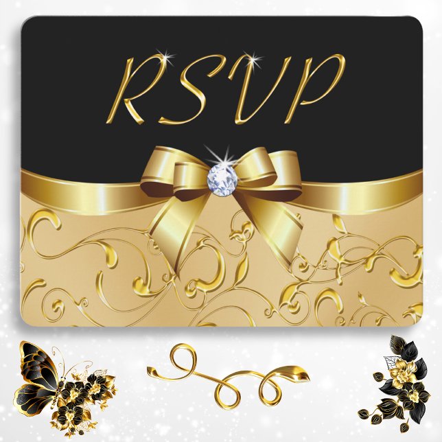Atemberaubende Schwarz/Gold RSVP-Karten mit Umschl Einladung (Elegant RSVP Cards. Personalized RSVP Cards. 50th anniversary RSVP cards. Elegant RSVP. Gold RSVP.)