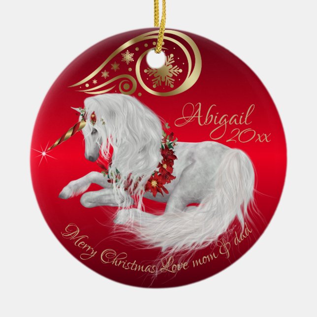 Atemberaubende Weihnachten Unicorn Joy Red Keramik Ornament (Vorne)