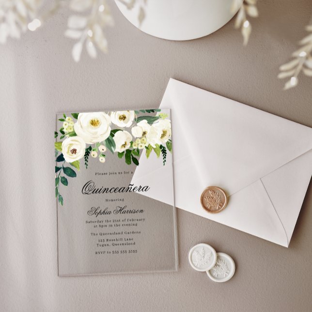 Atemberaubende weiße Blume Quinceanera 15. Geburts Acryleinladungen (Von Creator hochgeladen)