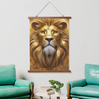 Atemberaubender Gold Lion Head Wandteppich Mit Holzrahmen