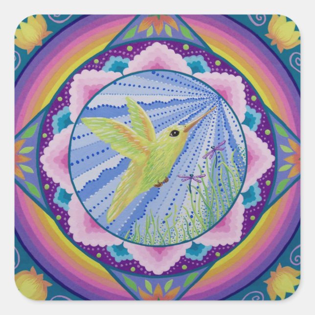 atemberaubender Grün- und Goldkolibri Mandala Quadratischer Aufkleber (Vorderseite)