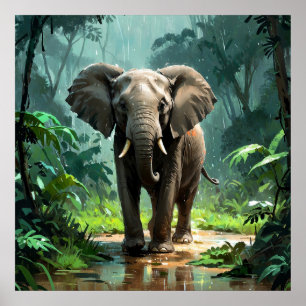 Atemberaubender junger Elefant unter Regen im Dsch Poster