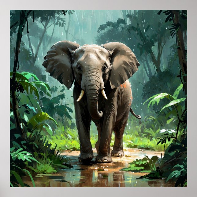 Atemberaubender junger Elefant unter Regen im Dsch Poster (Vorne)
