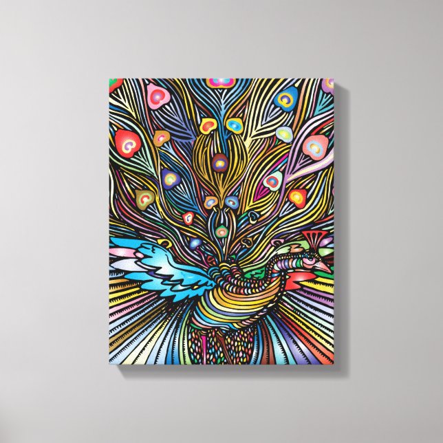 Atemberaubender Pfau im Huichol Style Art Leinwanddruck (Vorderseite)