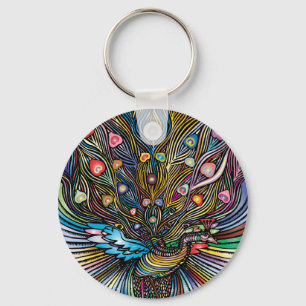 Atemberaubender Pfau im Huichol Style Art Schlüsselanhänger
