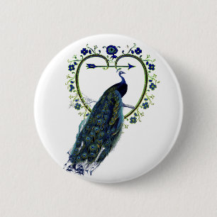 Atemberaubender Pfau und verzierter Blume Button