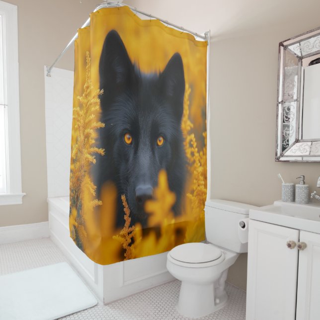 Atemberaubender Schwarzer Wolf mit goldenen Augen Duschvorhang (Beispiel)
