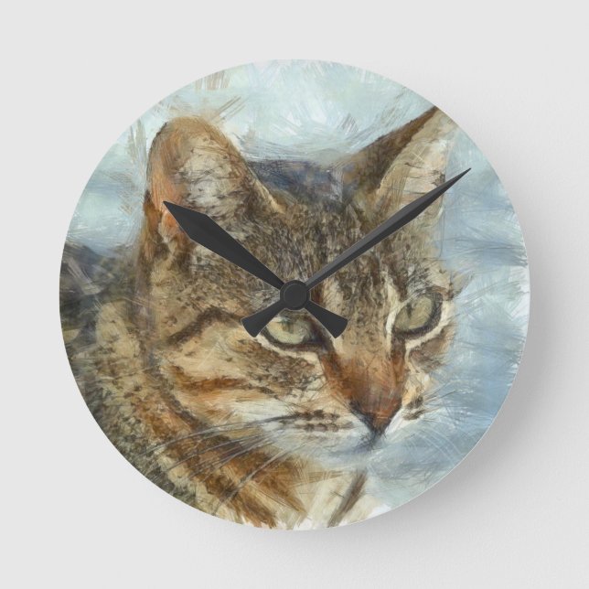 Atemberaubender Tabby-Kat Nah Up Graphit Pencil Po Runde Wanduhr (Vorderseite)