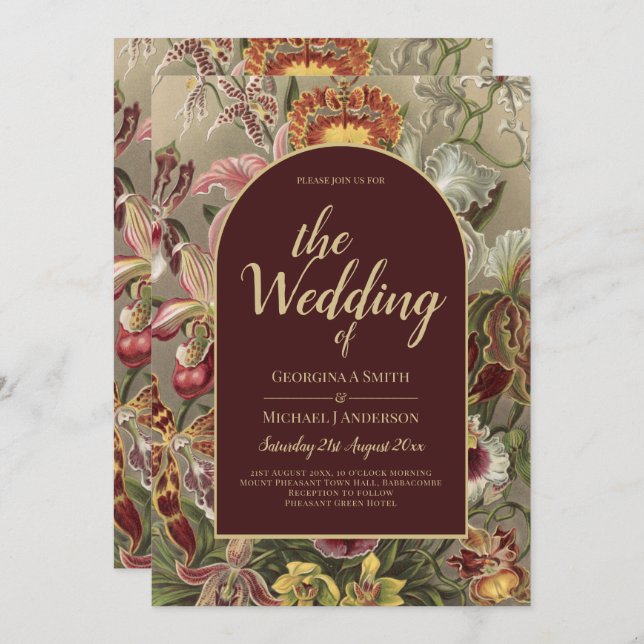 Atemberaubender Vintager Botanischer Burgund Flora Einladung (Vorne/Hinten)