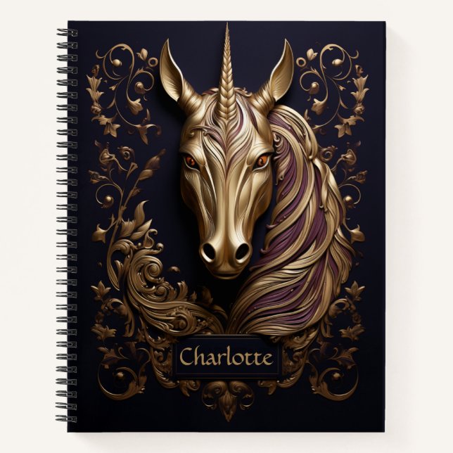 Atemberaubendes 3D Golden Unicorn Personalisiert Notizbuch (Vorderseite)