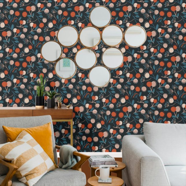 Atemberaubendes Blaufolienmuster Tapete (Stunning Blue Foliage Pattern Wallpaper from Ricaso. A gorgeous blue and terracotta design)