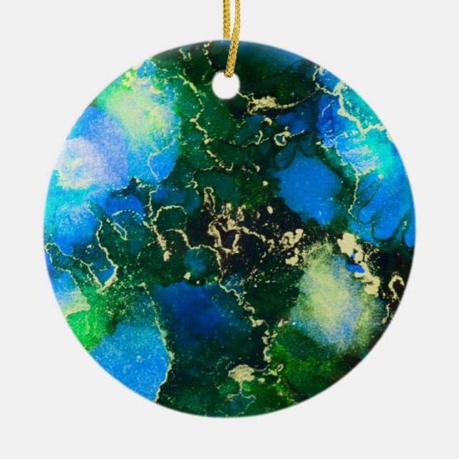 Atemberaubendes Blue and Gold Alcohol Tinte Malere Keramik Ornament (Vorne)