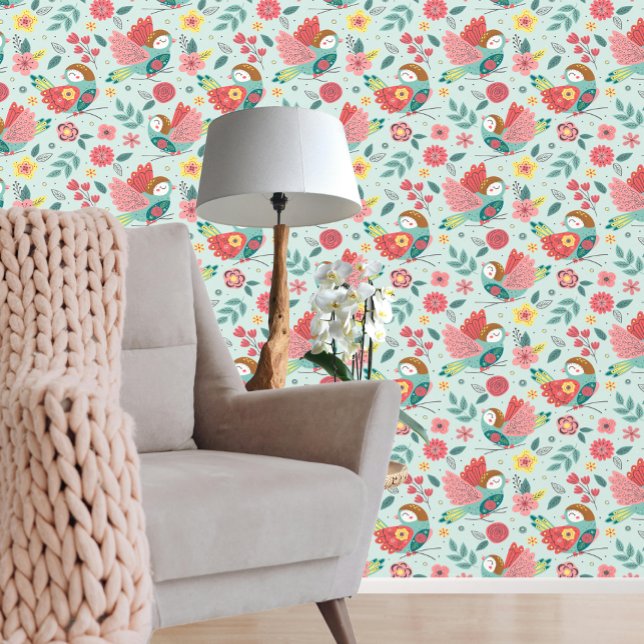 Atemberaubendes, farbiges Vogelrosa, grünes Muster Tapete (Stunning Colorful Bird Pink Green Pattern Wallpaper from Ricaso. Beautiful bold bird patterned paper)