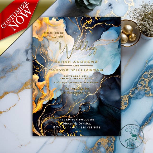 Atemberaubendes Indigo Blau und Gold Abstrakt Folieneinladung (Real Gold Foil Accents - Easy to customize template )