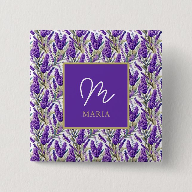 Atemberaubendes Lila Lavendermuster Monogrammiert Button (Vorderseite)