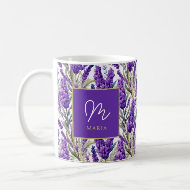 Atemberaubendes Lila Lavendermuster Monogrammiert Kaffeetasse (Links)