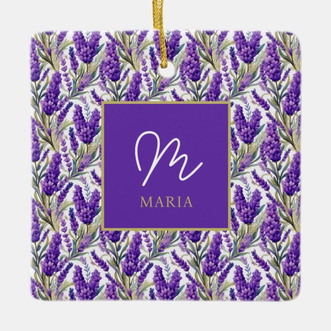 Atemberaubendes Lila Lavendermuster Monogrammiert Keramikornament (Vorderseite)