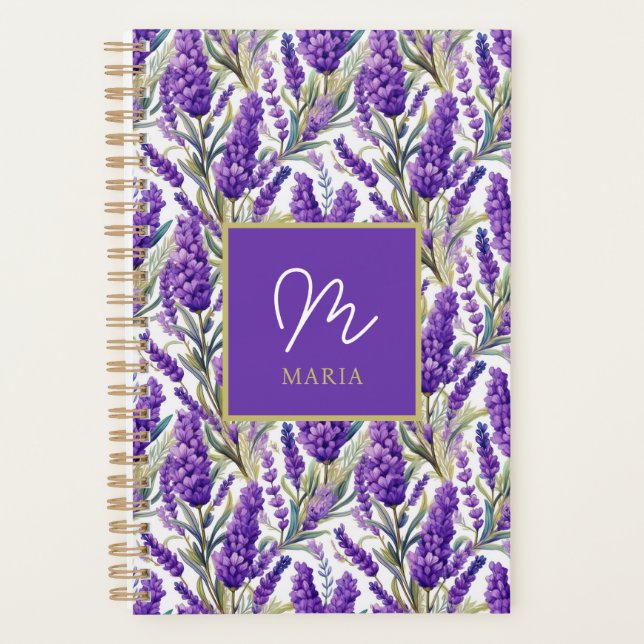 Atemberaubendes Lila Lavendermuster Monogrammiert Planer (Vorderseite)