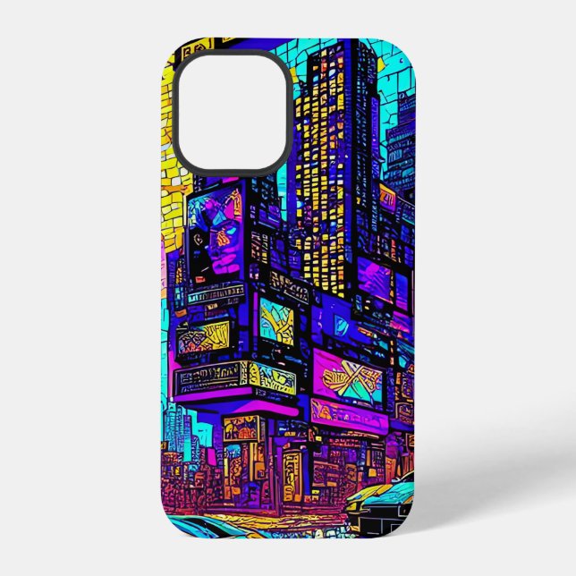 Atemberaubendes Mosaikglas Neon Cyberpunk Stadt iPhone Hülle (Rückseite)