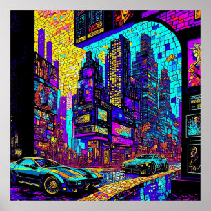 Atemberaubendes Mosaikglas Neon Cyberpunk Stadt Poster