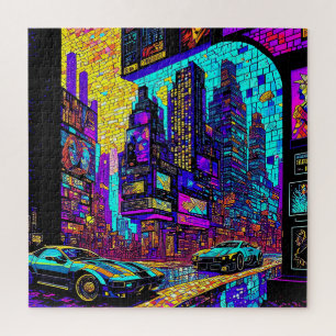 Atemberaubendes Mosaikglas Neon Cyberpunk Stadt Puzzle