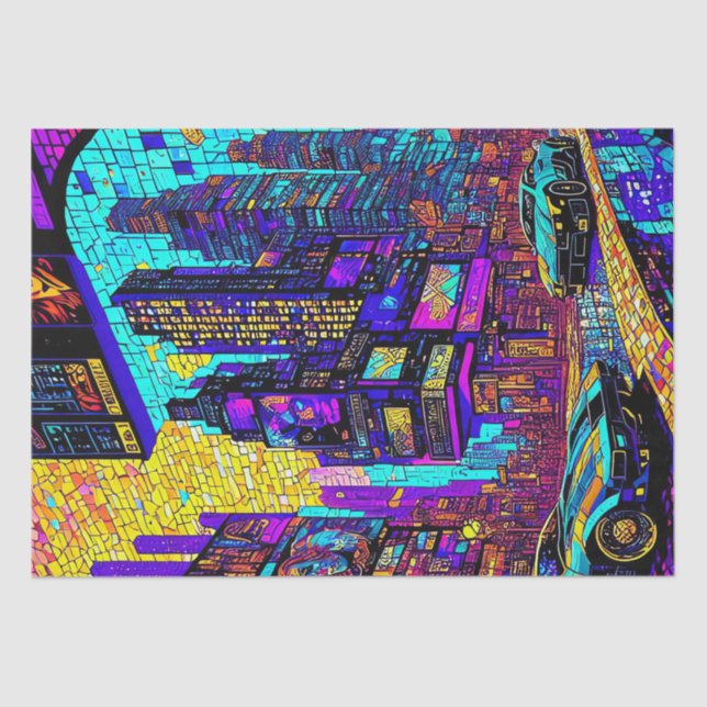 Atemberaubendes Mosaikglas Neon Cyberpunk Stadt Seidenpapier (Vorderseite)