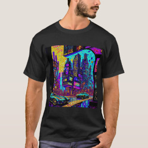 Atemberaubendes Mosaikglas Neon Cyberpunk Stadt T-Shirt