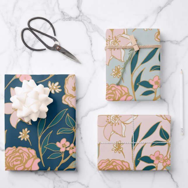 Atemberaubendes Muster für die blaurosa Blume Geschenkpapier Set (Vorderseite)