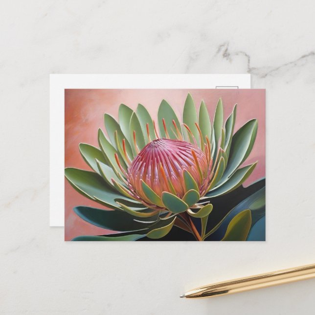 Atemberaubendes Protea Gemälde Lebhafte Blüte Postkarte (Vorderseite/Rückseite Beispiel)