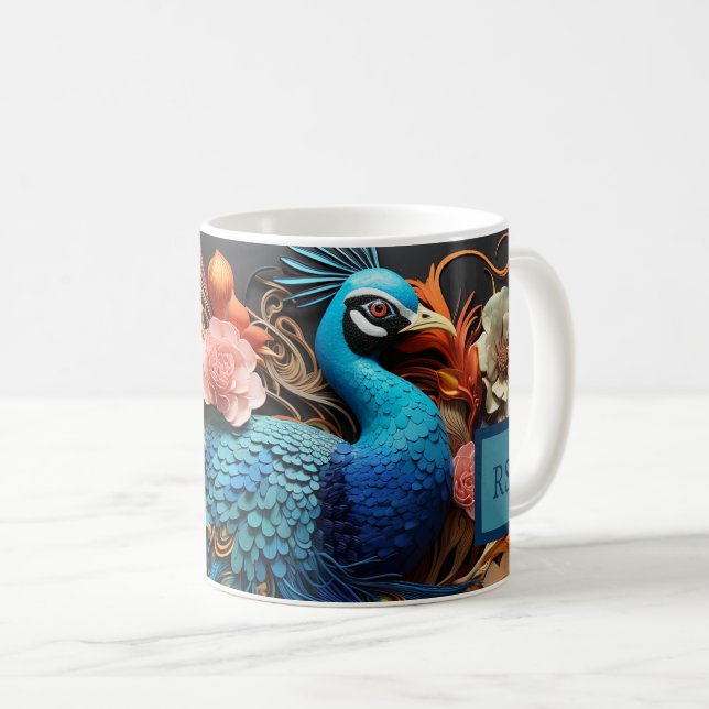 Atembermug mit individuellem Monogramm Pfau Kaffeetasse (VorderseiteRechts)