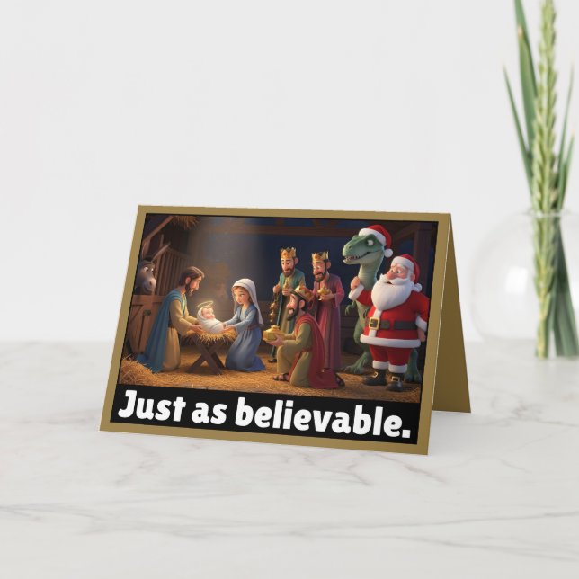 Atheist dinosaur and Santa Christmas Karte (Vorderseite)