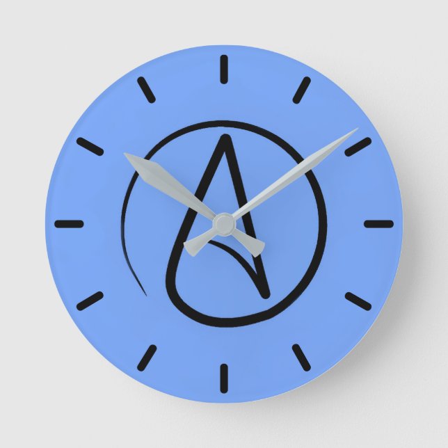 Atheist-Symbol: schwarz auf hellblau Runde Wanduhr (Vorderseite)