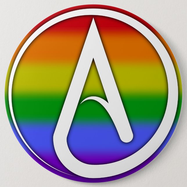 Atheistensymbol Weiß über Regenbogen Button (Vorderseite)