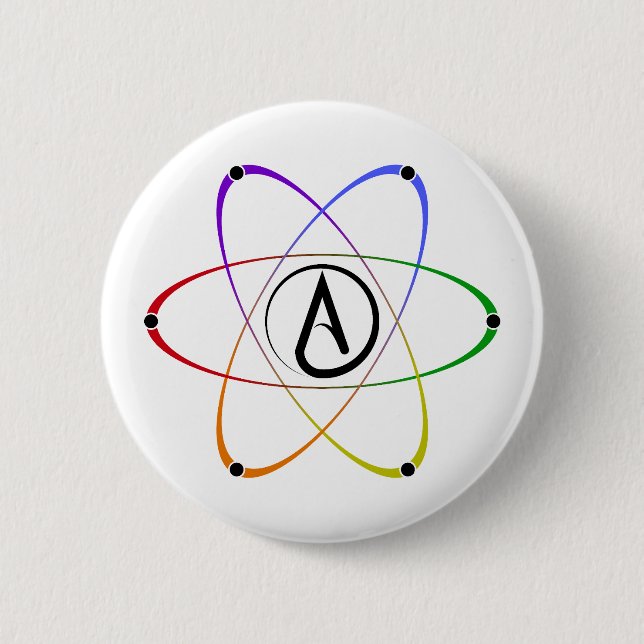 Atheistisches Atom Symbol Regenbogen Schwarz Button (Vorderseite)