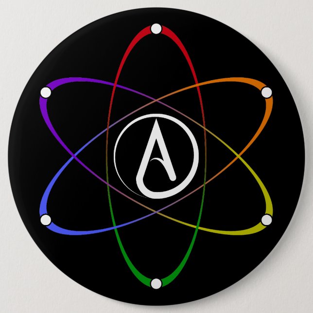 Atheistisches Atom-Symbol Regenbogen Weiß Button (Vorderseite)