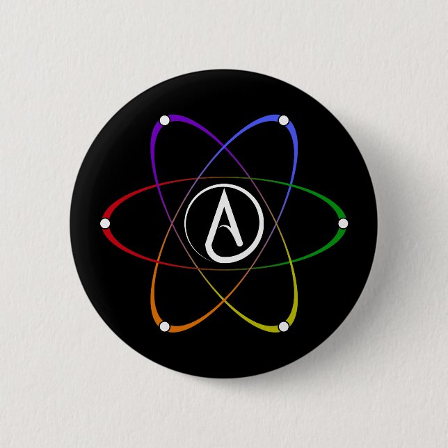 Atheistisches Atom-Symbol Regenbogen Weiß Button (Vorderseite)