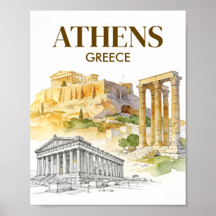 Athen Griechenland Akropolis Aquarell-Skizze Reise Poster