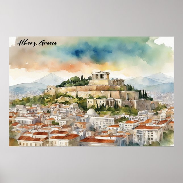 Athen Griechenland Aquarellmalerei Panoramasicht Poster (Vorne)