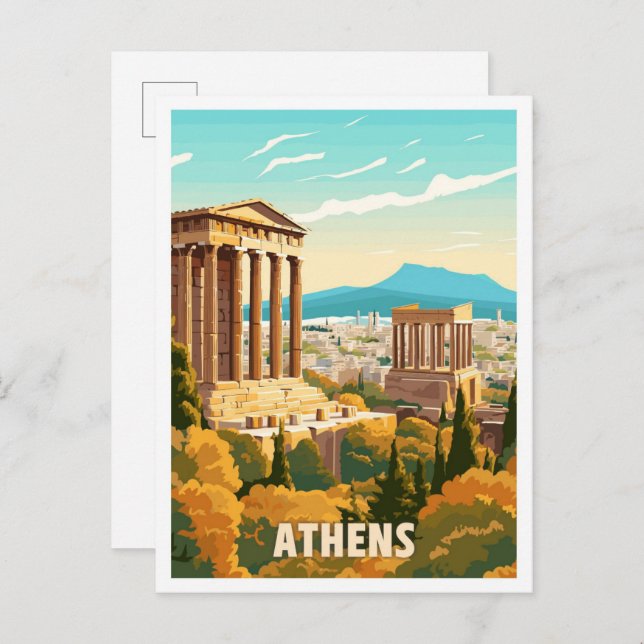 Athen Griechenland Art Vintage Reise Illustration Postkarte (Vorne/Hinten)