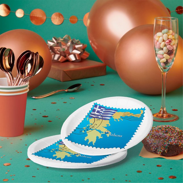 Athen Griechenland Briefmarke Griechenland Flagge  Pappteller (Von Creator hochgeladen)