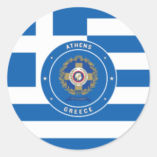 Athen, Griechenland - Emblem und Flagge Runder Aufkleber